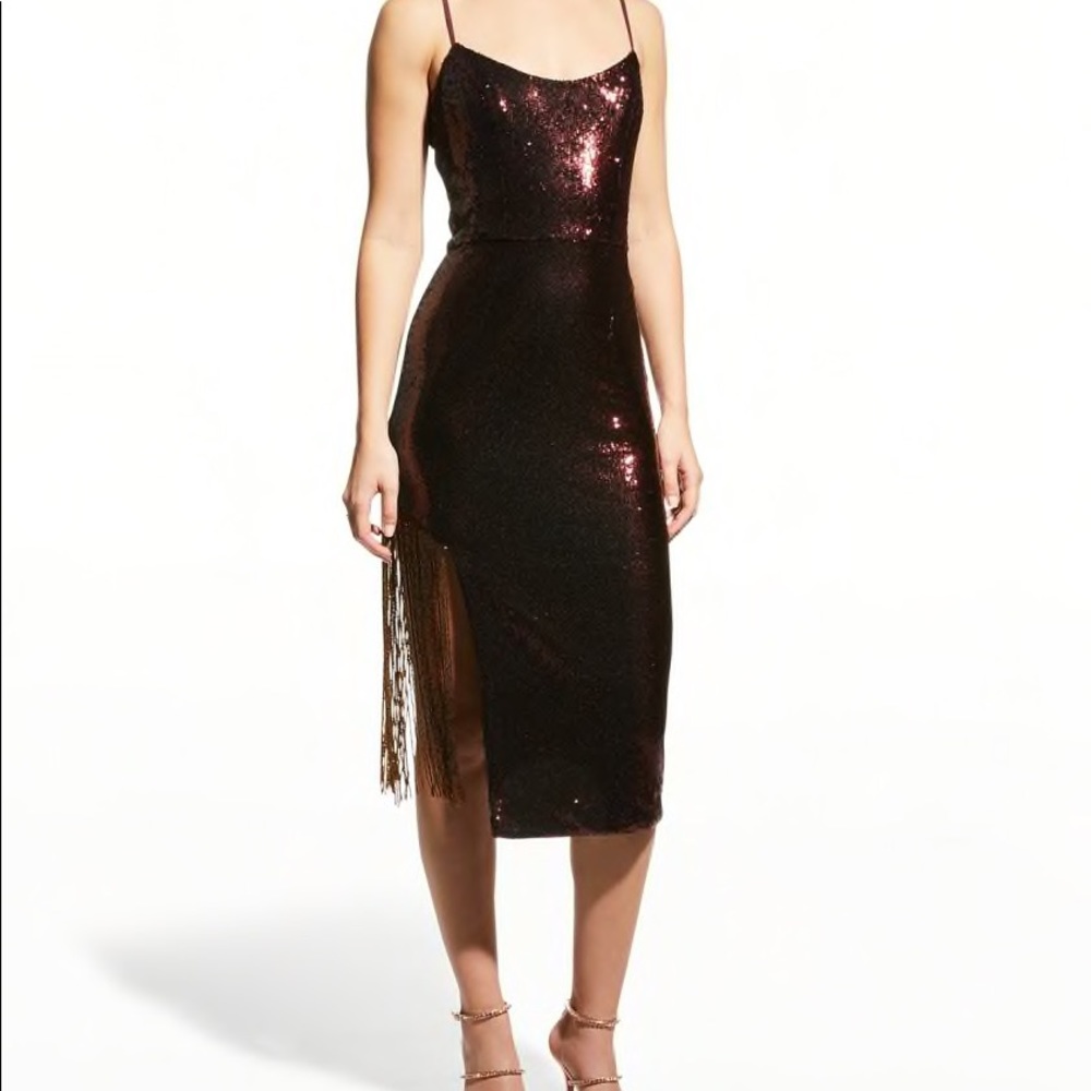 Dress the Population Rory Asymmetrical Sequin Fringe Dress in brown/port